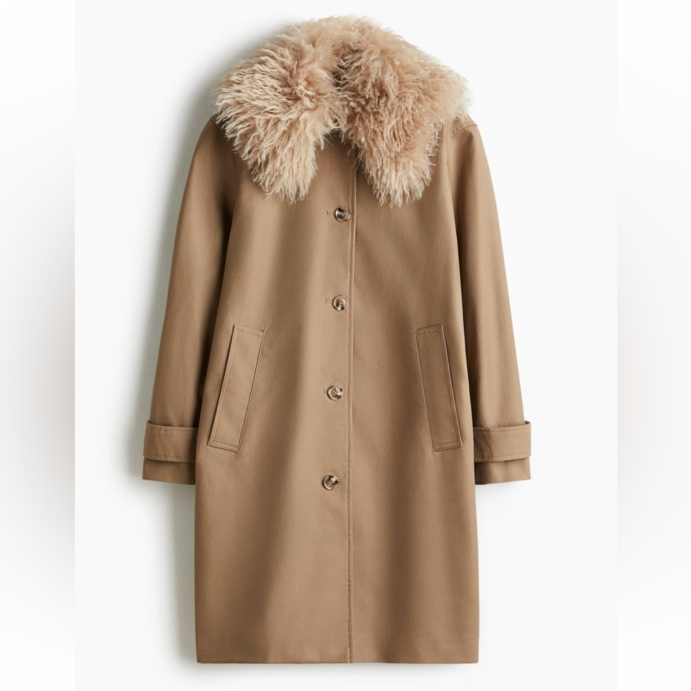 H&M Twill Tan Coat with Fluffy Faux Fur Collar NWT